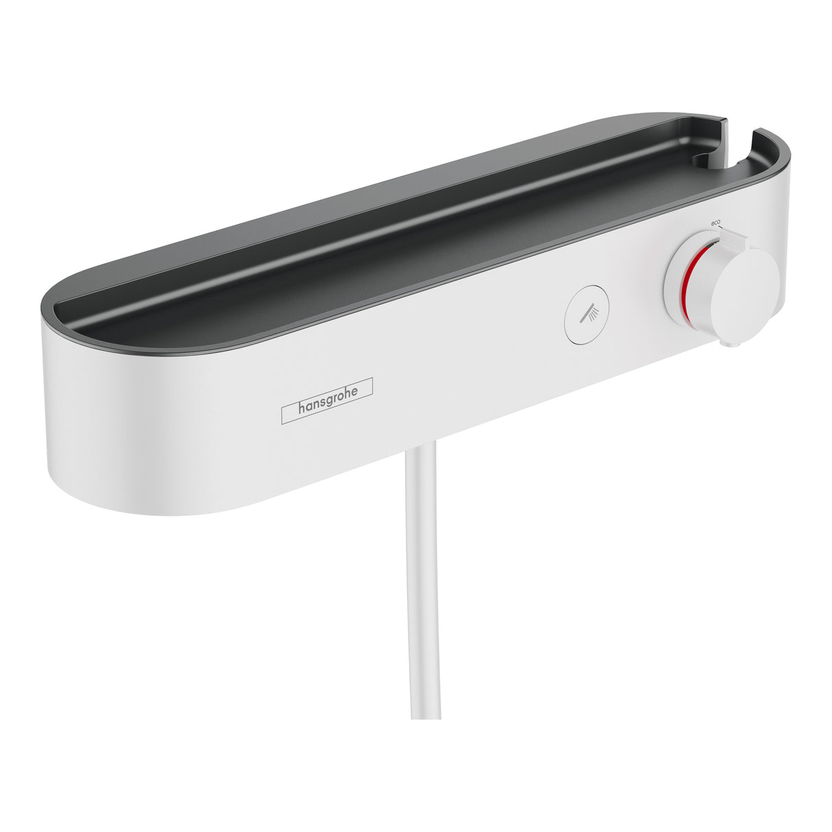 Mitigeur thermostatique douche Hansgrohe blanc, design moderne, commande ronde visible
