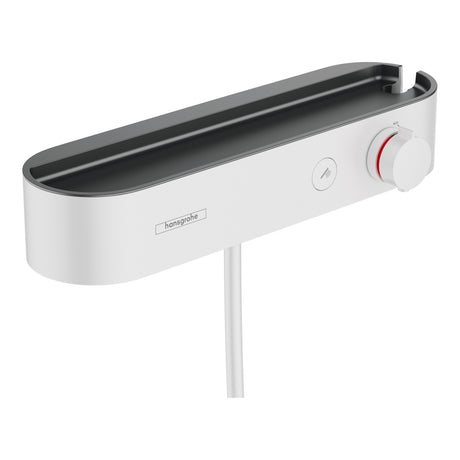 Mitigeur thermostatique douche Hansgrohe blanc, design moderne, commande ronde visible