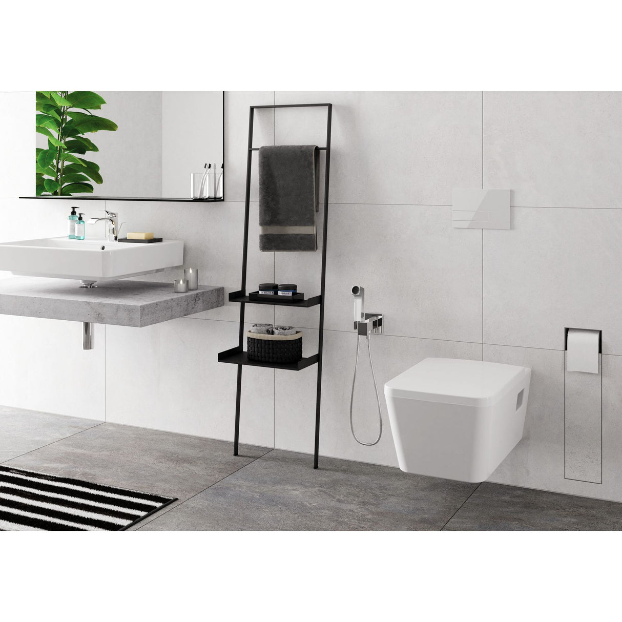 WC suspendu Grohe blanc, sanitaire moderne pour salle de bain, avec abattant et douchette.