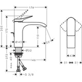 Mitigeur lavabo Grohe chromé avec schéma de dimensions techniques, robinet salle de bain.