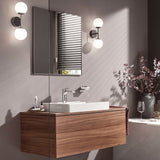 Meuble vasque marron Grohe, salle de bain moderne, robinet chromé, vasque blanche.