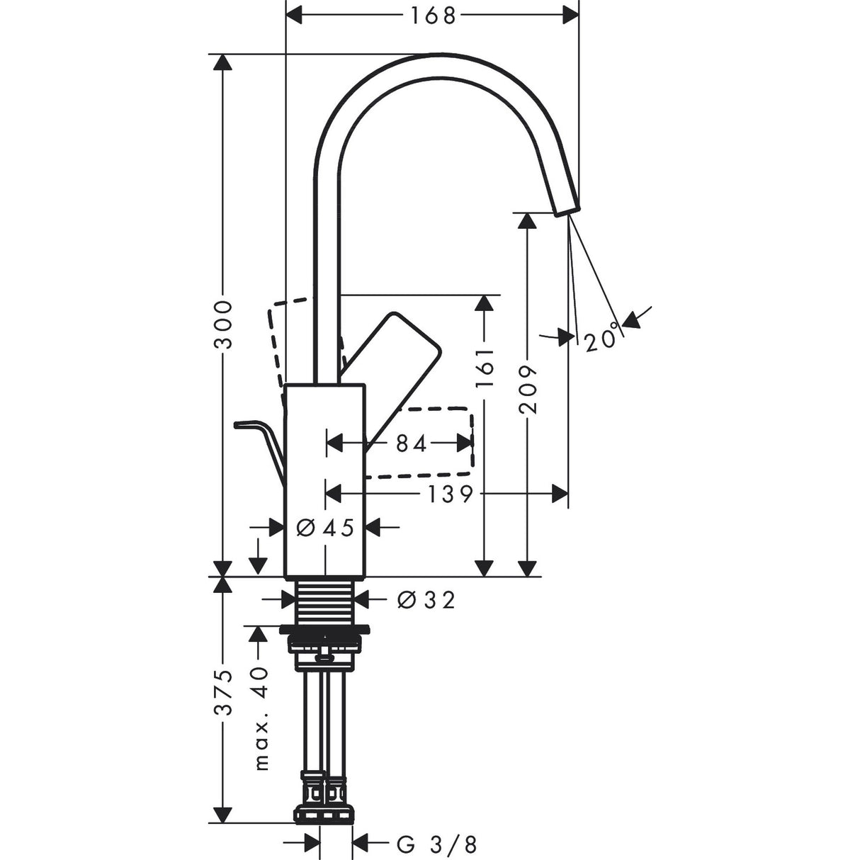 Robinet mitigeur Grohe chromé, plan technique avec dimensions précises.