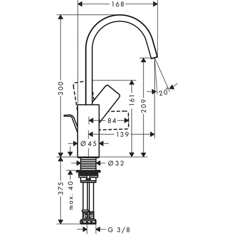 Robinet mitigeur Grohe chromé, plan technique avec dimensions précises.