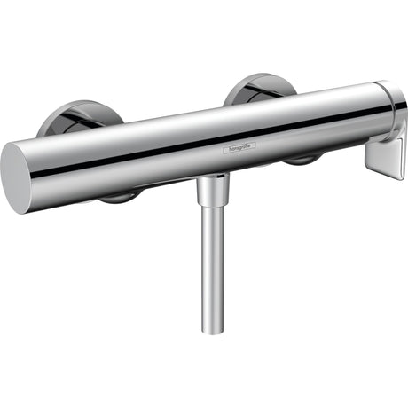 Mitigeur de douche chromé Hansgrohe, robinet mural moderne couleur argent.