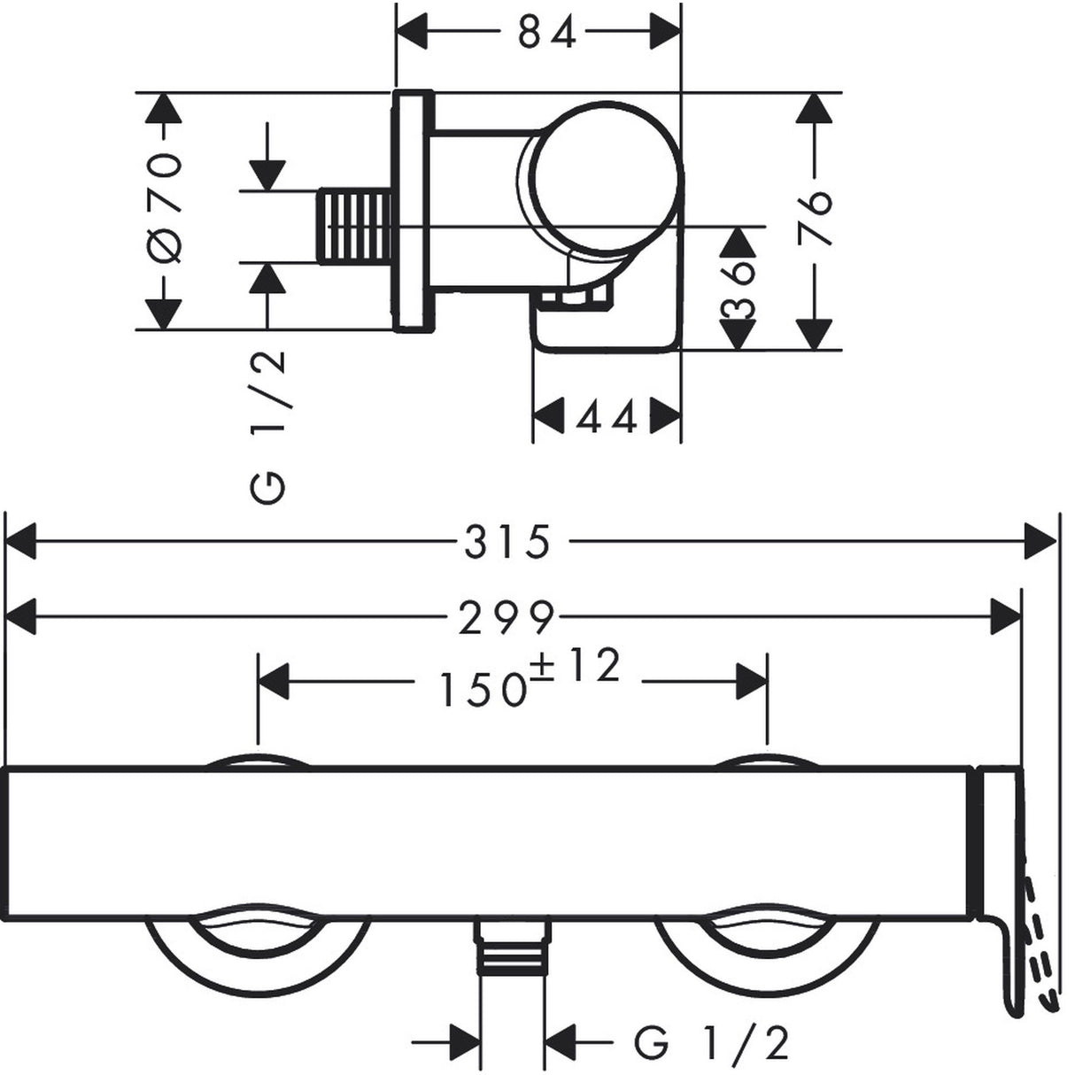 Schéma technique mitigeur thermostatique Grohe, robinet mural, finition chromée.