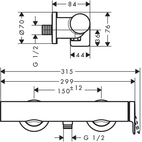 Schéma technique mitigeur thermostatique Grohe, robinet mural, finition chromée.