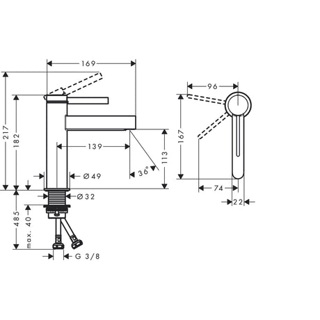 Schéma technique du mitigeur Grohe, type robinet, couleur chrome avec mesures détaillées.