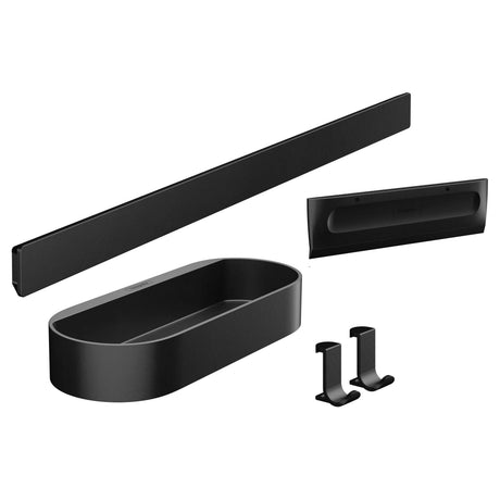 Set d’accessoires de salle de bain noirs Hansgrohe : étagère, barre, crochets.