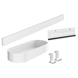 Set accessoires salle de bain Hansgrohe, blanc, comprenant étagère, raclette, crochets et bac.