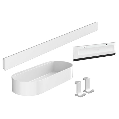 Set accessoires salle de bain Hansgrohe, blanc, comprenant étagère, raclette, crochets et bac.