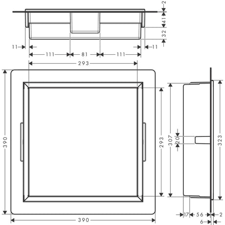Plan technique GROHE, regard de visite carré, acier inoxydable, dimensions détaillées.