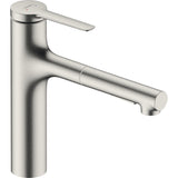 Mitigeur cuisine Grohe inox brossé, robinet moderne couleur argenté.