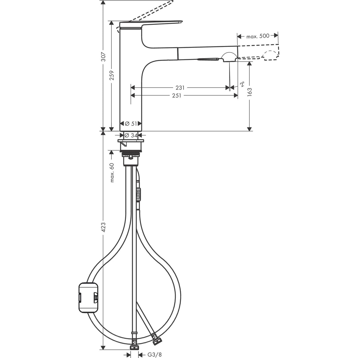 Mitigeur Grohe, robinet de cuisine chromé, schéma technique avec cotes détaillées.