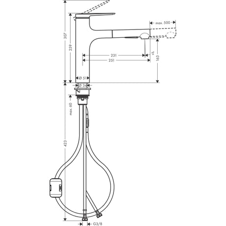Mitigeur Grohe, robinet de cuisine chromé, schéma technique avec cotes détaillées.