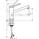 Mitigeur de cuisine Grohe, robinet chromé, schéma technique avec dimensions détaillées