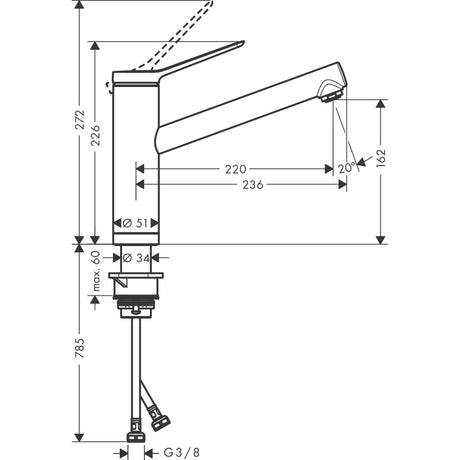 Mitigeur de cuisine Grohe, robinet chromé, schéma technique avec dimensions détaillées