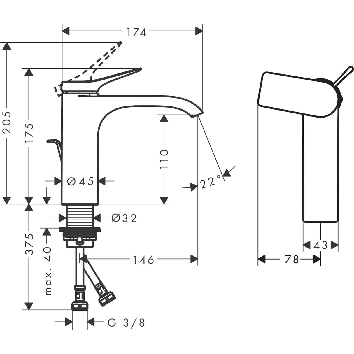 Mitigeur Grohe, robinet salle de bain, finition chromée, schéma technique avec dimensions