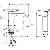Mitigeur Grohe, robinet salle de bain, finition chromée, schéma technique avec dimensions