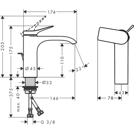 Mitigeur Grohe, robinet salle de bain, finition chromée, schéma technique avec dimensions