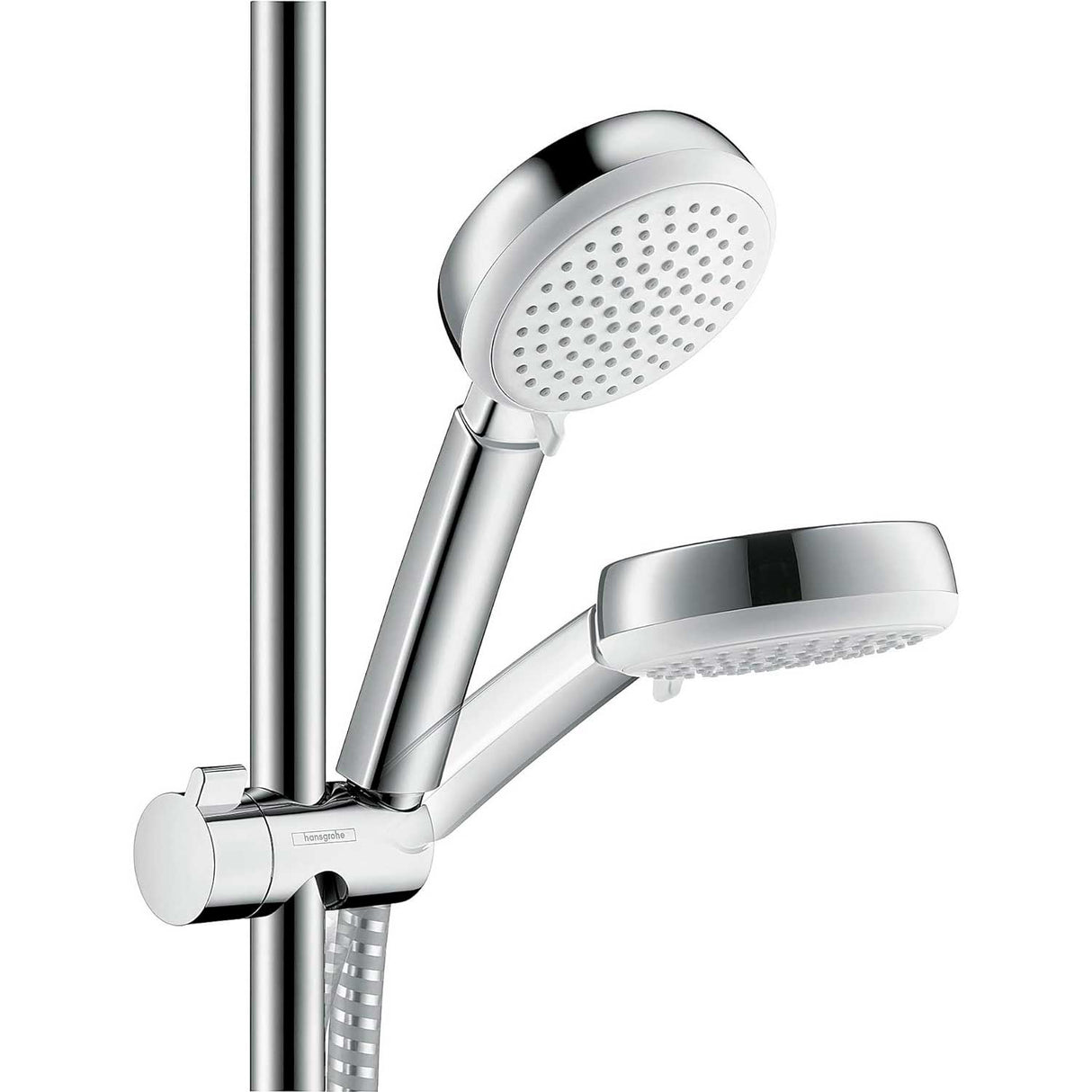 Pommeau de douche chromé Hansgrohe, douchette sanitaire couleur argent.