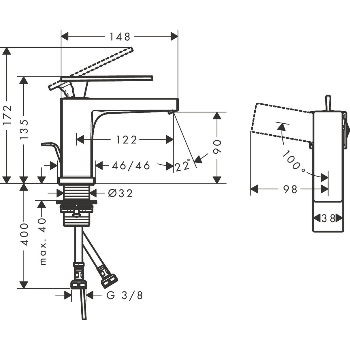Mitigeur de lavabo Grohe chromé, schéma technique avec dimensions, robinetterie salle de bain.