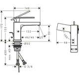 Mitigeur de lavabo Grohe chromé, schéma technique avec dimensions, robinetterie salle de bain.