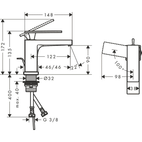 Mitigeur de lavabo Grohe chromé, schéma technique avec dimensions, robinetterie salle de bain.
