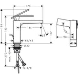 Mitigeur Grohe, robinet lavabo chromé, schéma technique avec mesures détaillées
