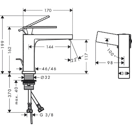 Mitigeur Grohe, robinet lavabo chromé, schéma technique avec mesures détaillées