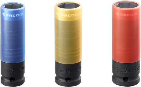 Douilles FACOM, coffret outillage, couleurs bleu, jaune et rouge, pour clés à chocs