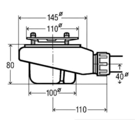 Siphon de douche blanc, marque Geberit, schéma technique avec dimensions précises visibles.