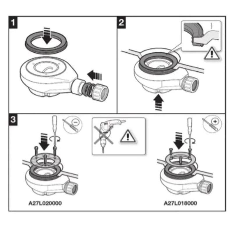 Notice d'installation pour siphon de douche Grohe, pièce en plastique gris, étapes de montage.