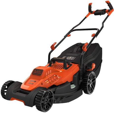 Tondeuse filaire BLACK+DECKER avec lame de 42cm, réglage en hauteur, moteur 1800W, pour l'entretien du jardin.
