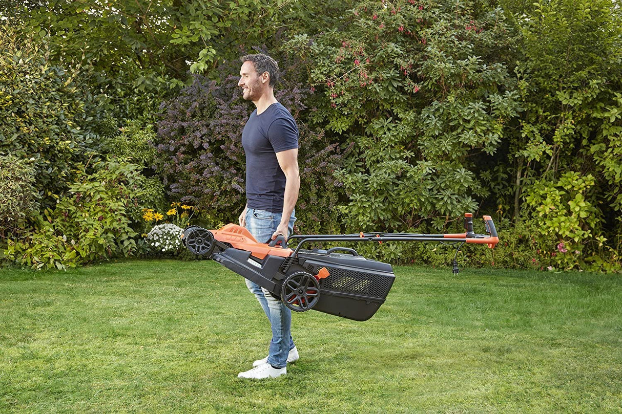 Tondeuse électrique BLACK+DECKER avec lame de 42cm, réglage de la hauteur, puissance 1800W, modèle BEMW481BH-QS.