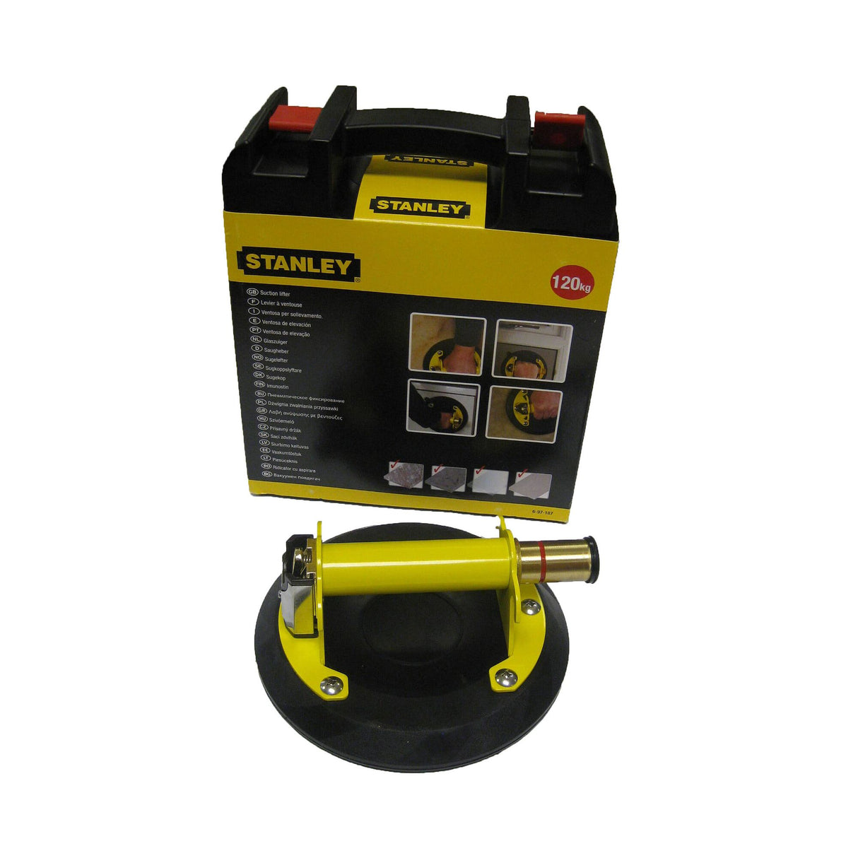 Ventouse de levage Stanley, outillage jaune et noir, capacité 120kg.