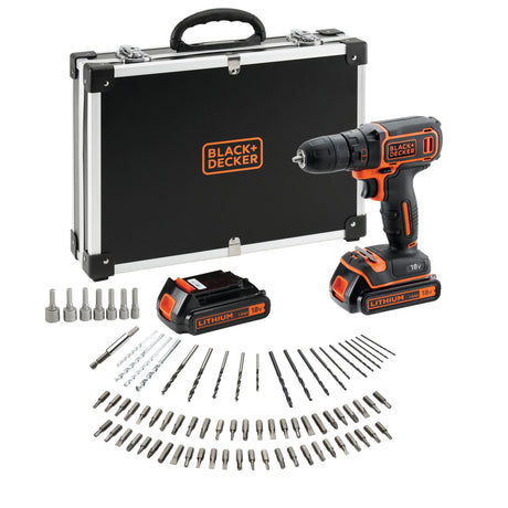 Perceuse-visseuse Black+Decker noire et orange avec coffret, accessoires et batteries 18V.