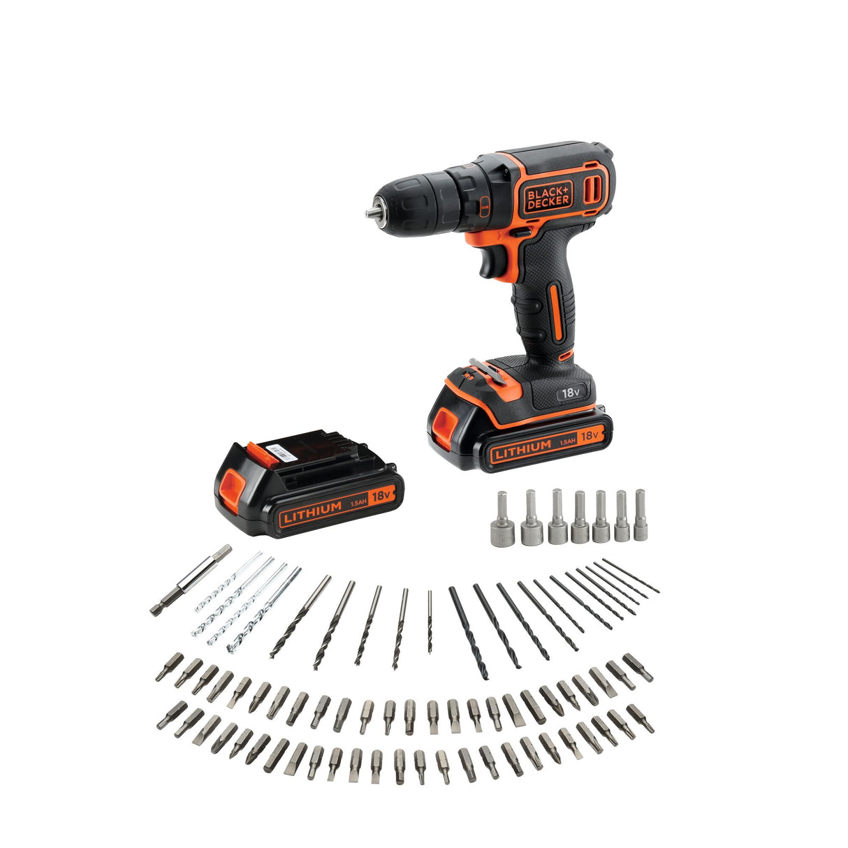 Perceuse sans fil BLACK+DECKER noire et orange avec accessoires, batteries lithium 18V.