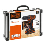 Perceuse-visseuse BLACK+DECKER 18V noire et orange, livrée dans une mallette.