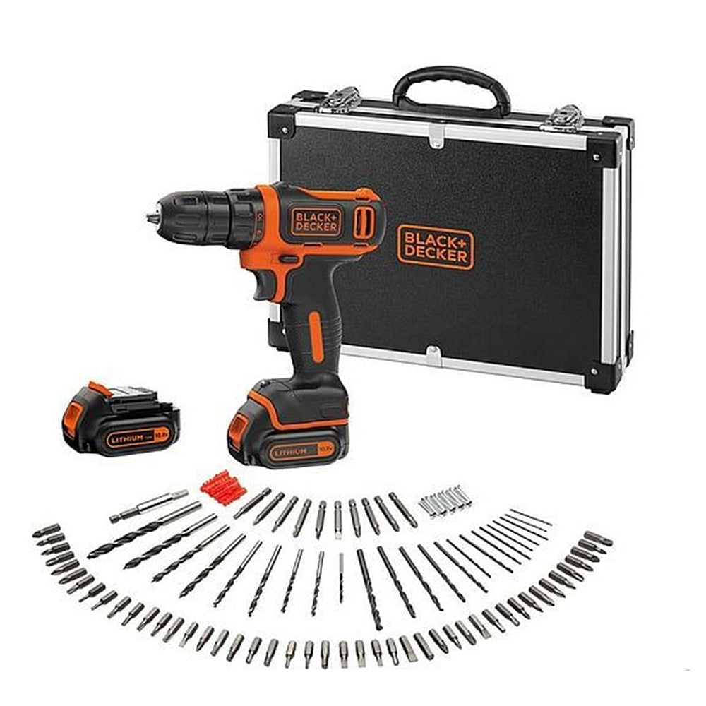 Perceuse-visseuse sans fil BLACK+DECKER 12V avec 2 batteries 1,5Ah et 100 accessoires, outil électrique compact et pratique.
