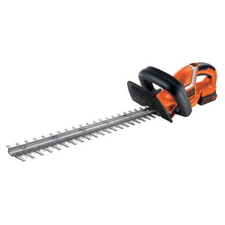 Taille-haies sans fil BLACK+DECKER 45cm 18V avec garde transparente, lame tranchante et poignée ergonomique.