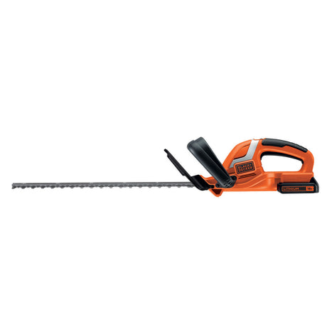Taille-haies sans fil BLACK+DECKER de 45cm, 18V avec garde transparente, poignée ergonomique pour coupe précise.