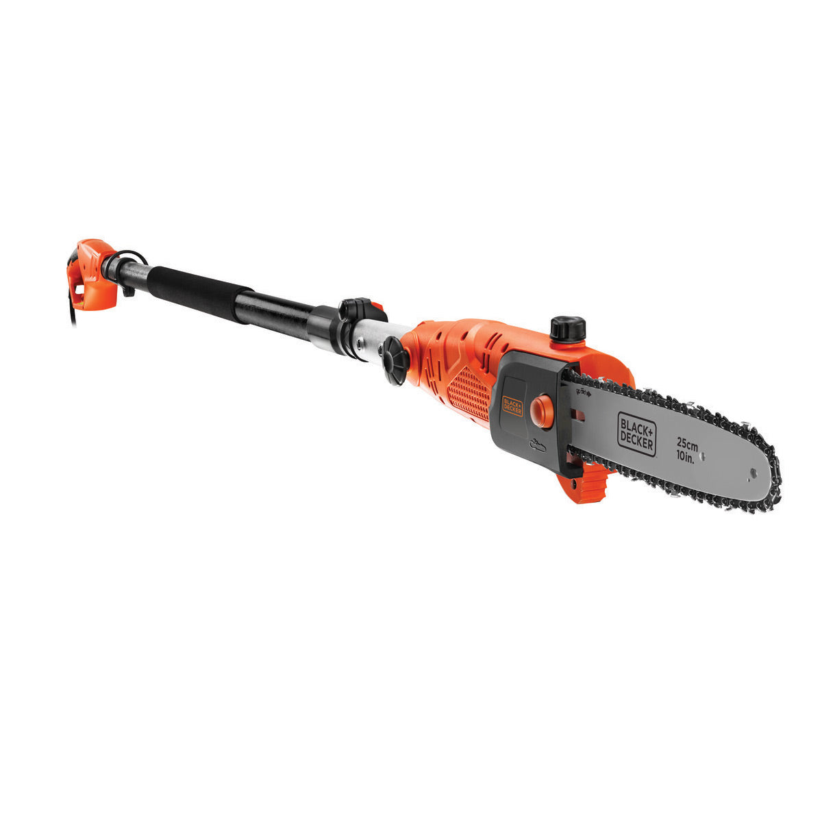 Élagueuse télescopique Black+Decker orange et noire, tronçonneuse électrique.