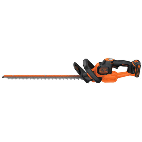 Taille-haie BLACK+DECKER sans fil, noir et orange, lame longue, outil de jardinage.