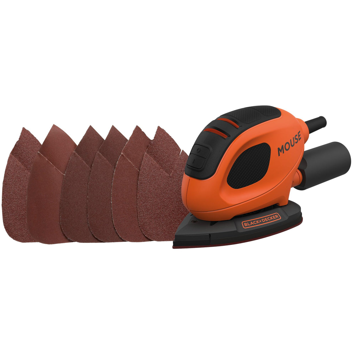 Ponceuse Black+Decker orange, type ponceuse vibrante, avec abrasifs inclus.