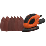 Ponceuse Black+Decker orange, type ponceuse vibrante, avec abrasifs inclus.
