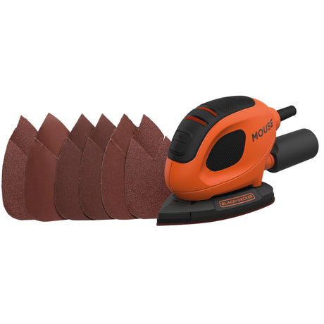 Ponceuse Black+Decker orange, type ponceuse vibrante, avec abrasifs inclus.