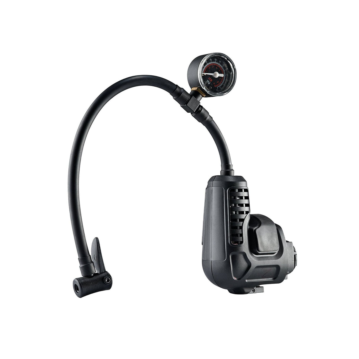 Tête de gonfleur électrique BLACK+DECKER MULTIEVO avec manomètre et connexion pour pneus, capacité jusqu'à 0,80 PSI.