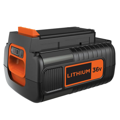 Batterie lithium 36V de marque Black+Decker, noire et orange, pour outillage électroportatif.