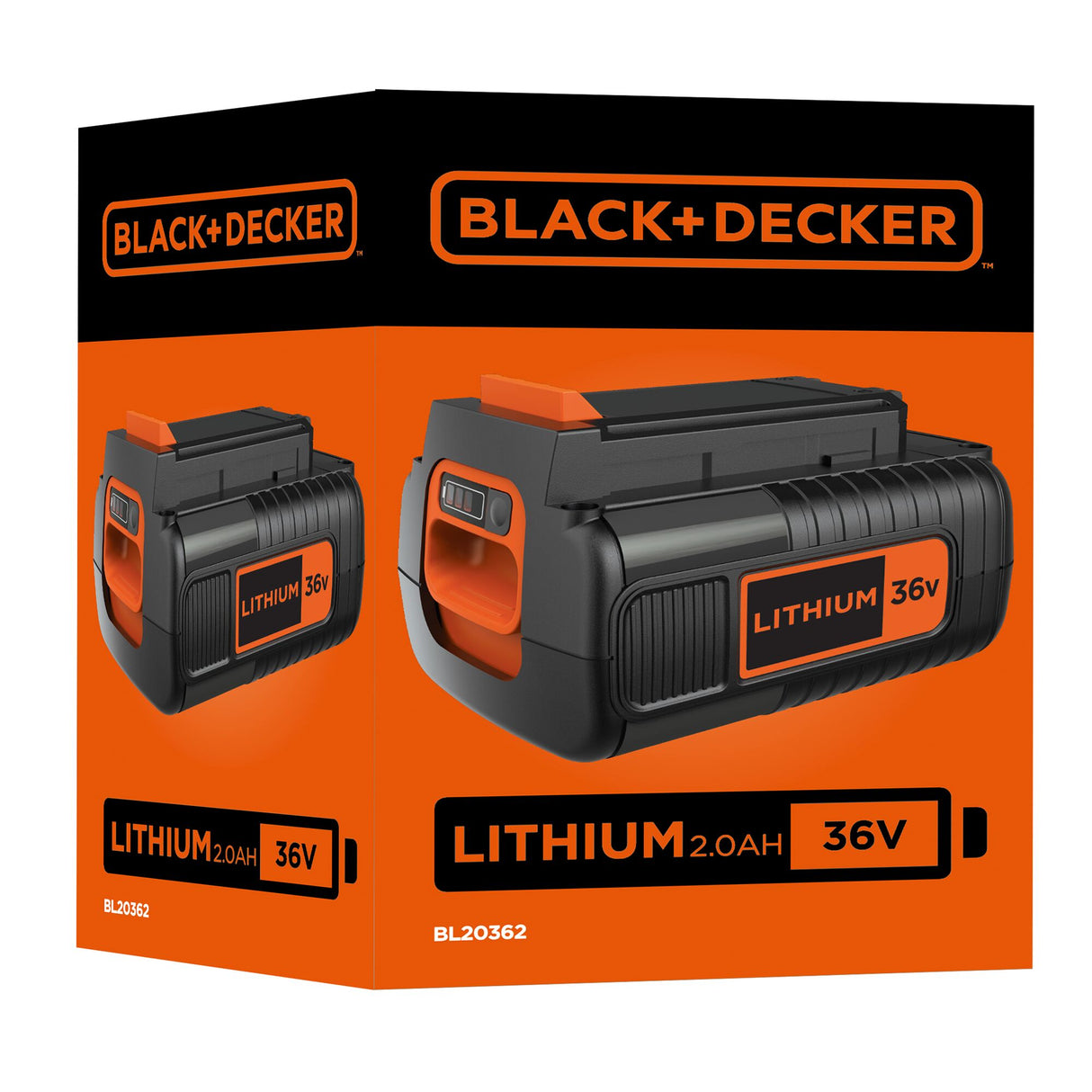 Batterie Black+Decker, type lithium 36V, couleur noire et orange.