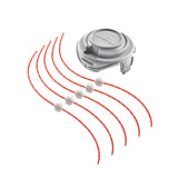Tête de débroussailleuse Bosch grise avec fils de coupe rouges, accessoire de jardinage